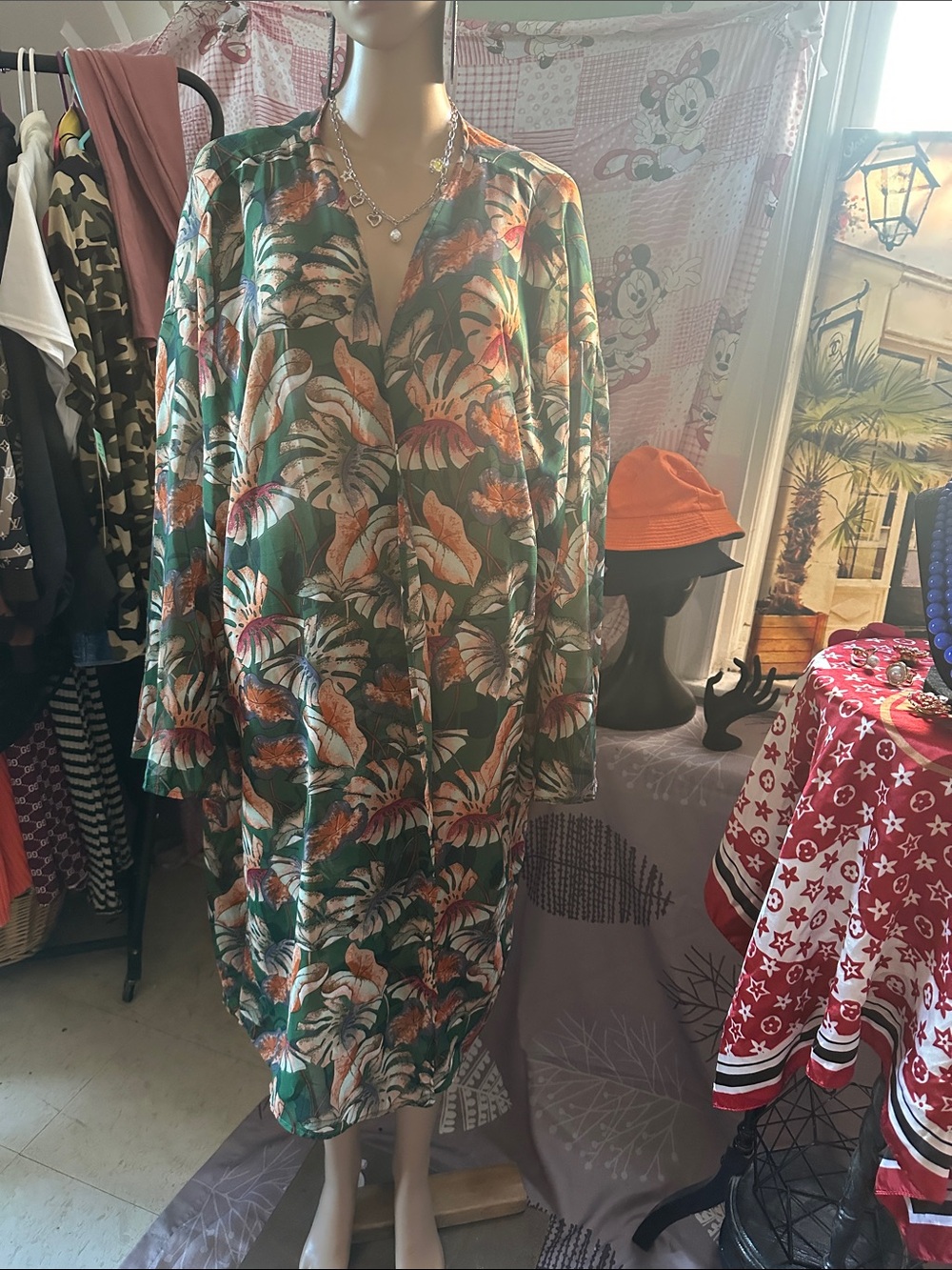 Green Tropical Print Women's Dress - Long Sleeve Shift cardigan